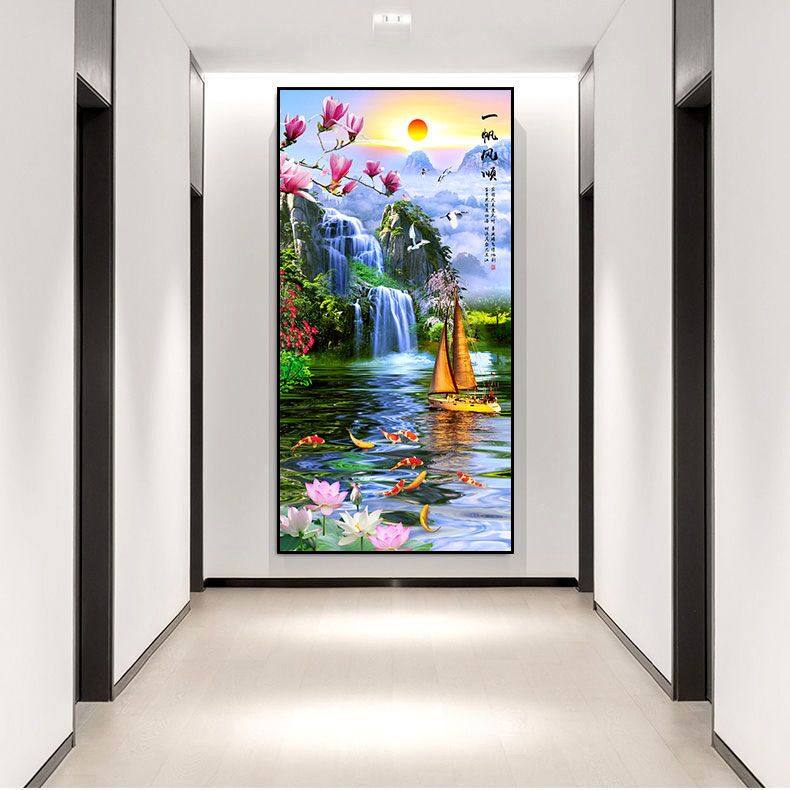 中式山水玄关装饰画流水生财迎客松瀑布自然风景入户走廊墙壁挂画