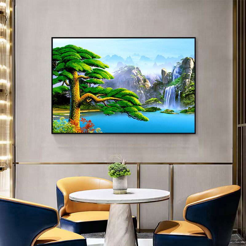 流水生财聚宝盆山水画现代客厅装饰画沙发背景墙挂画招财餐厅壁画