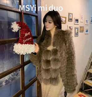 名媛狐狸毛皮草外套短款小个子女毛球围巾网红大衣简约