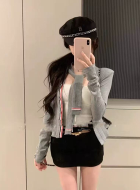 純欲长袖单排扣系带针织开衫上衣+短款百褶裙两件套