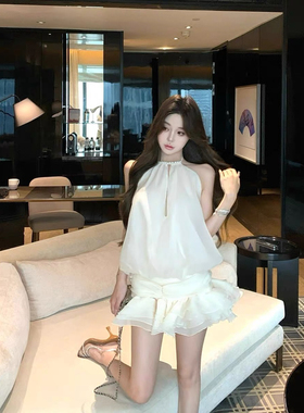 浪漫珍珠挂脖绑带镂空露背法式蓬蓬连衣裙女夏季时尚短裙