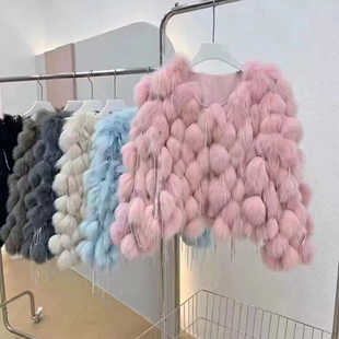 狐狸毛皮草外套女短款车条流苏圆领潮流亮丝2025