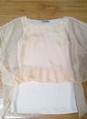 v牌元旦仙美浅淡粉橙色显白假两件仿真丝设计感雪纺衫