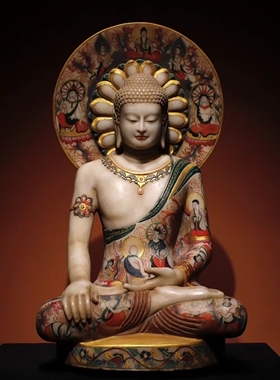 唐 汉白玉彩绘 佛像 彩绘精美，法相庄严 高80cm 宽46cm 厚35cm
