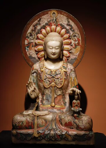北齐 汉白玉彩绘 佛像 满彩绘佛像 工艺精美 高80cm 宽45cm 厚33c