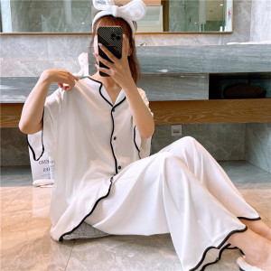 女冰丝纯色短袖长裤睡衣套装