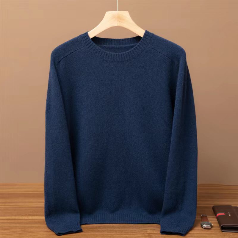 男士圆领纯山羊绒毛衣套头马鞍肩针织纯色冬季加厚休闲羊绒衫粗线