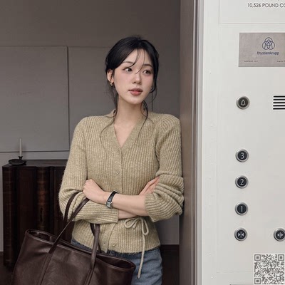 韩国代购Slowand柔软系带V领开衫