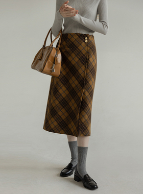 LLANO复古开衩毛呢半裙法式格纹优雅气质半身裙中长款女装秋冬季