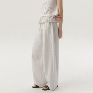 子女装 九分裤 夏秋 复古可拆解褶皱花边直筒裤 LLANO轻薄感纸感长裤