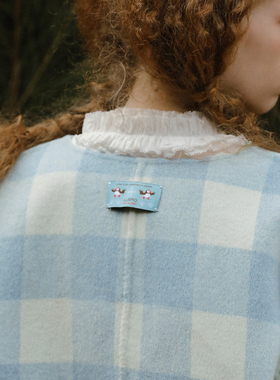 LLANO蓝色半岛领巾双面呢短外套两面穿羊毛毛呢小个子优雅女秋冬