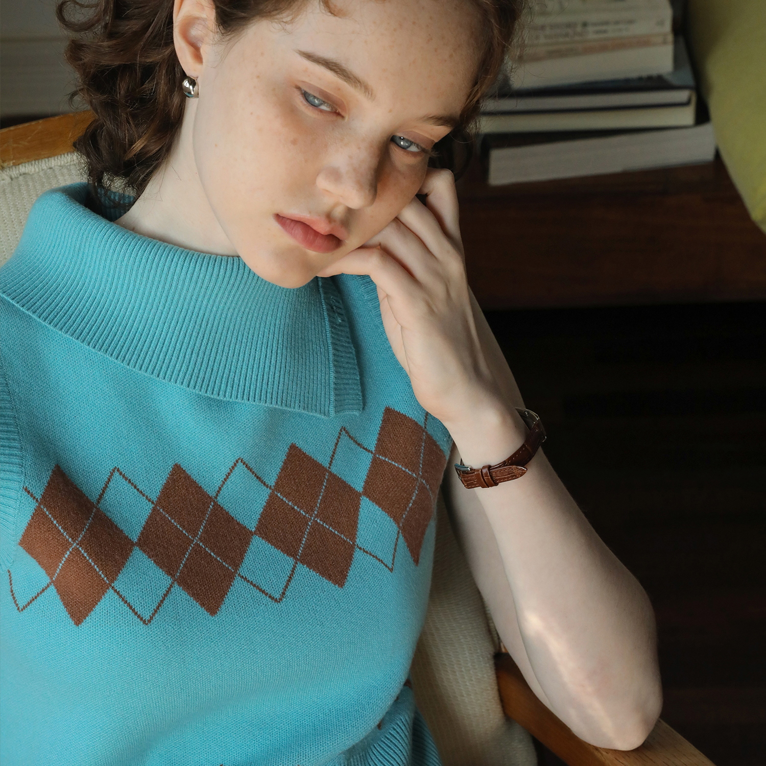 LLANO菱格挂脖针织背心