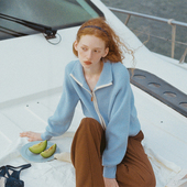 上衣女春冬季 长袖 外套针通勤学院风开衫 LLANO复古翻领拉链针织衫