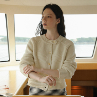 LLANO650g纯羊毛短款针织开衫毛衣复古北欧法式上衣外套女秋冬季