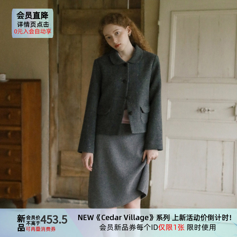LLANO花纱羊毛彼得领西装外套复古格雷系小个子短款西服女秋冬季