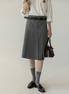 LLANO中腰两面穿百褶裙复古学院风气质A字裙半身裙中长款裙子夏秋