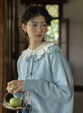 LLANO蓝铃花绑带钩花奶奶开衫复古针织温柔风毛衣上衣外套女早秋