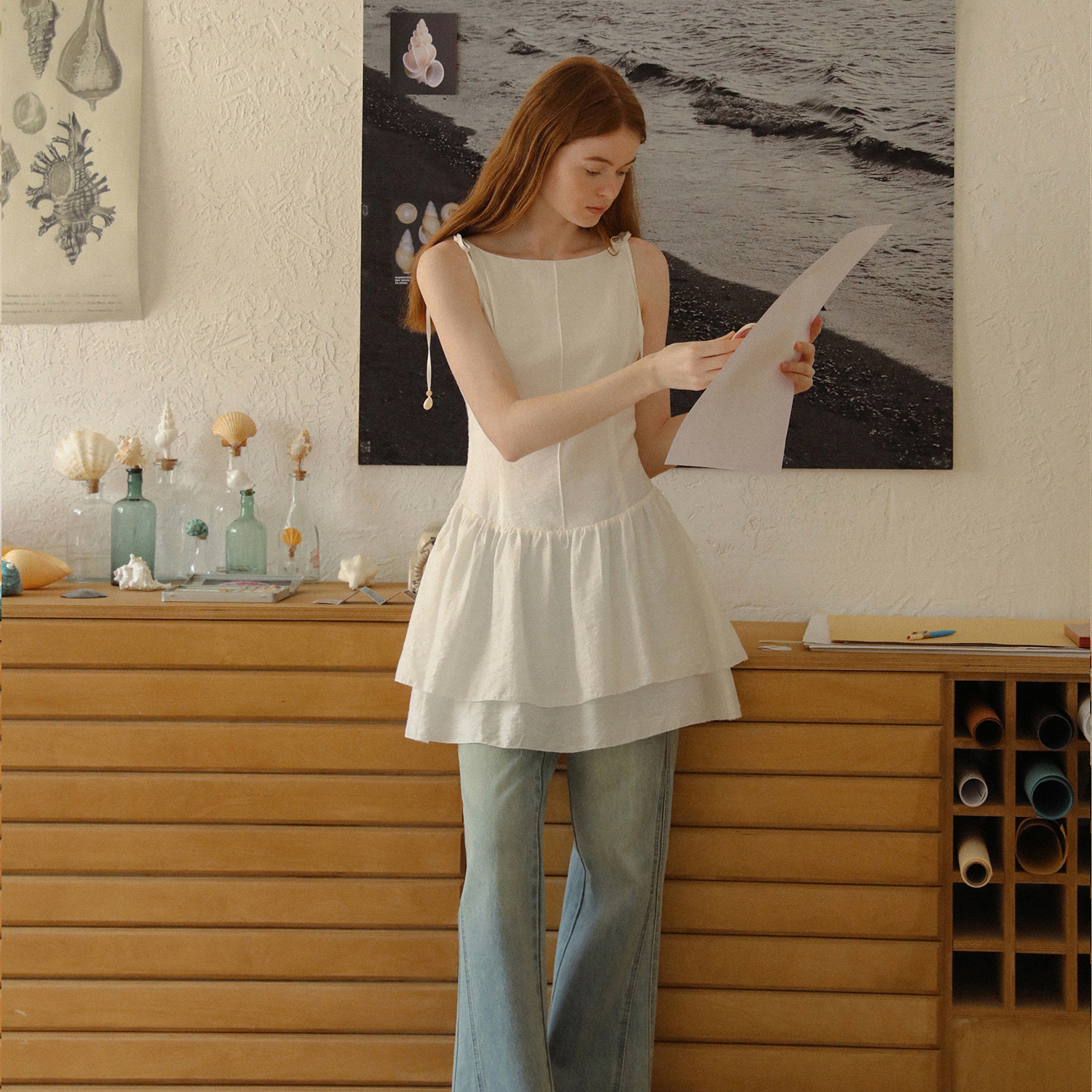 LLANO锦纶纯色少女风无袖吊带裙