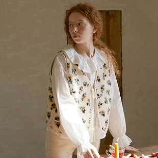 LLANO绑带小花羊羔绒马甲背心复古北欧叠穿上衣内搭外穿女秋冬季