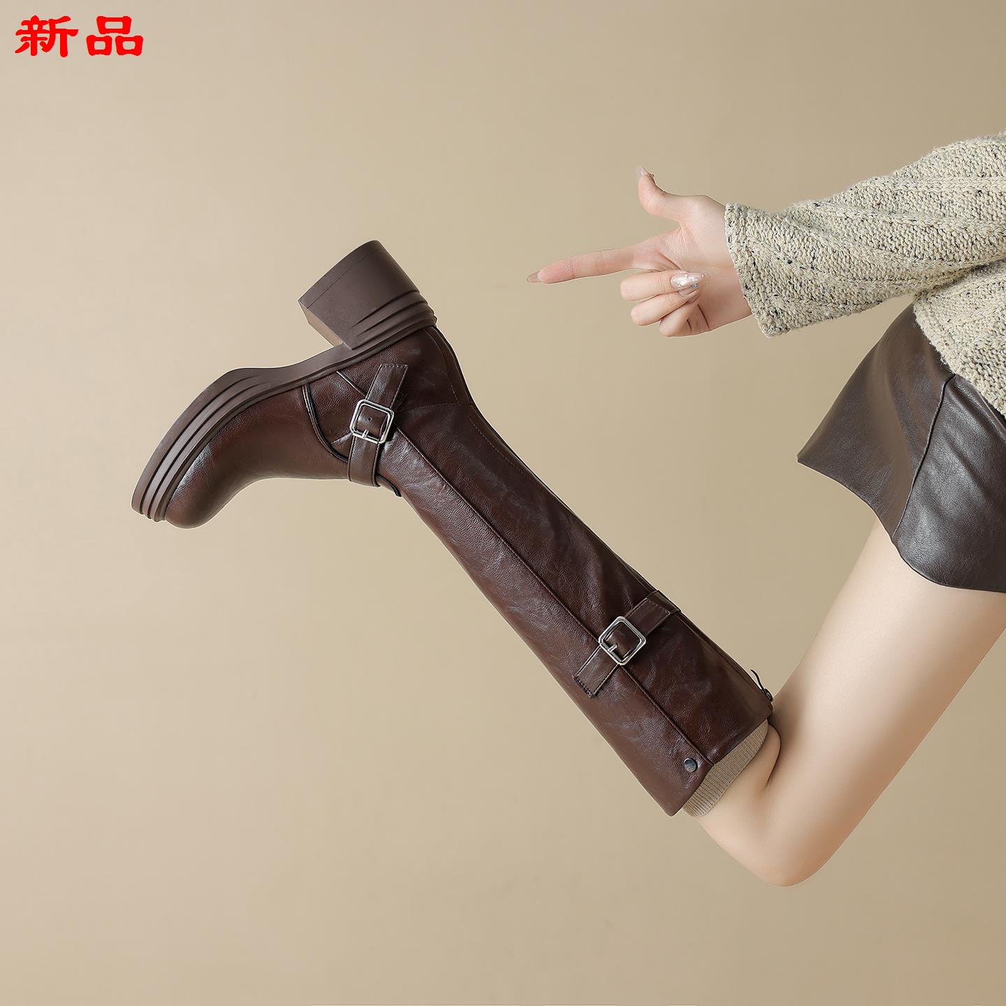 秋冬季跟高靴大码女厚底女靴骑士41-手工长筒靴43高筒靴新款真皮