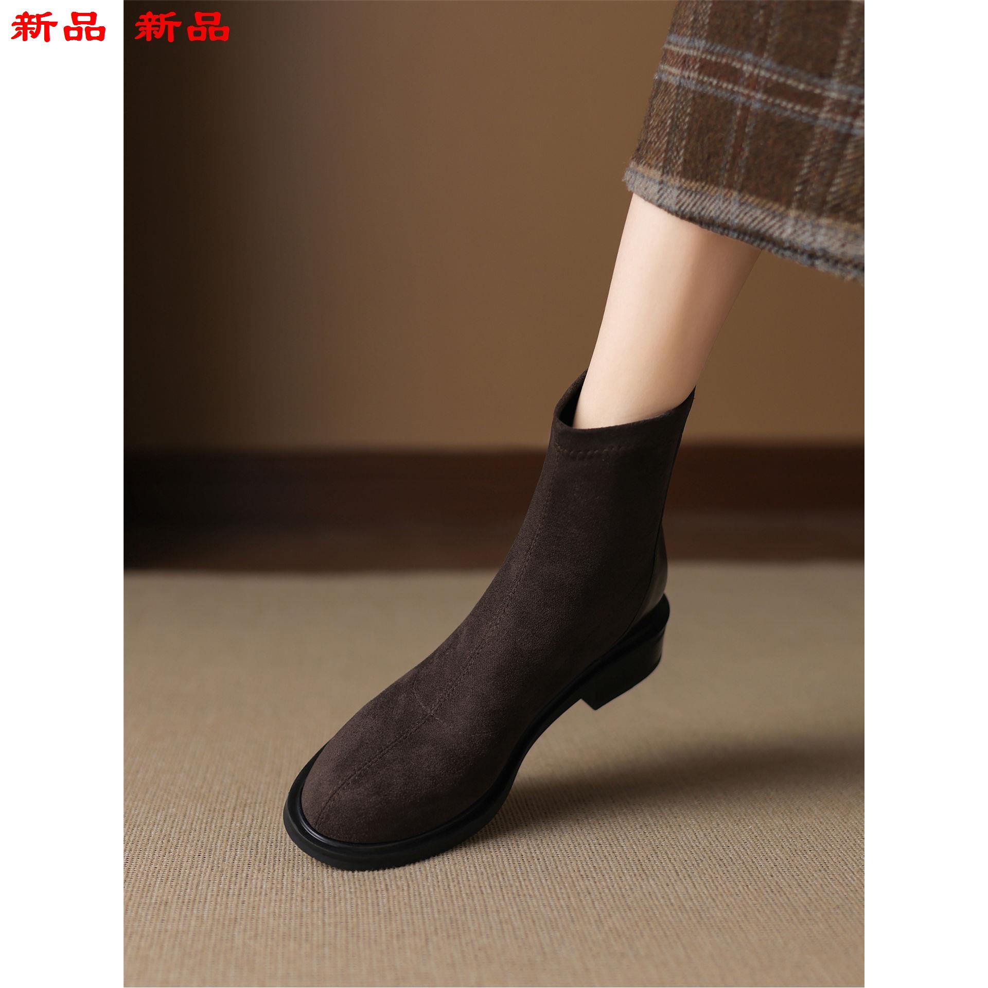 单靴弹力瘦瘦短靴秋冬41风复古202543新款绒面英伦跟粗女到靴大码