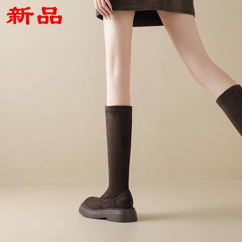 靴大码高筒-小个子弹力41棕色秋冬季平底不过43膝骑士厚底靴