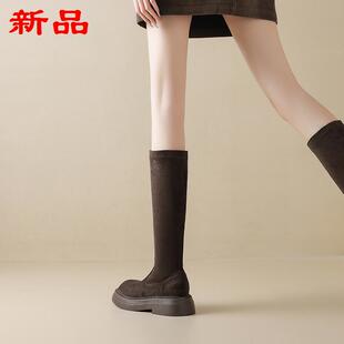 靴大码高筒-小个子弹力41棕色秋冬季平底不过43膝骑士厚底靴