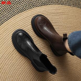 靴子靴女底中短手工43秋冬鞋厚底大码烟筒跟41松糕切尔西软底-