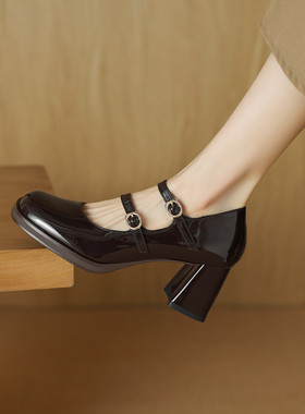 新款41浅口珍鞋跟432024粗玛丽法式一春季高跟鞋女大码女单鞋方头
