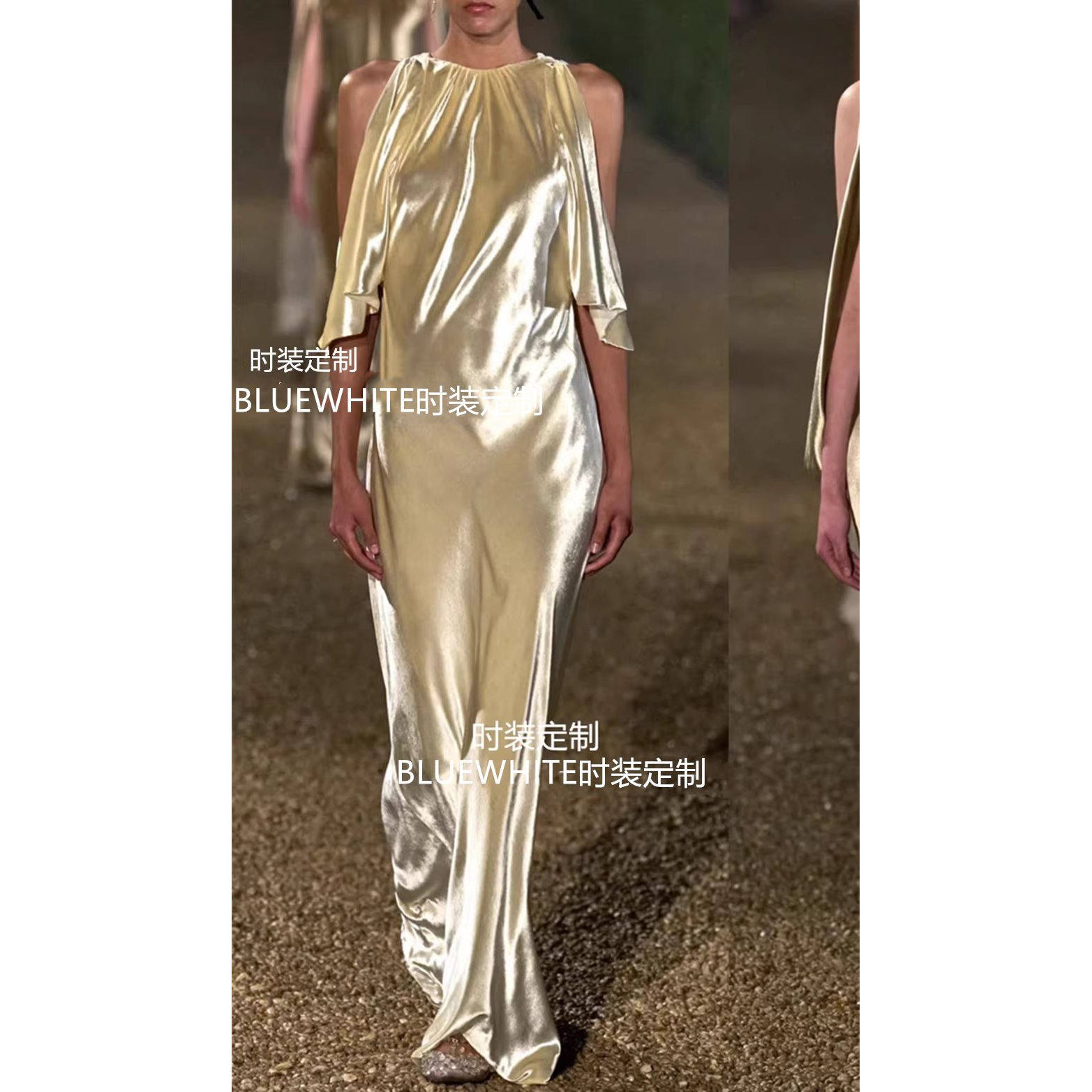 绝美重工桑蚕丝晚礼服裙  强光泽重磅真丝褶皱长款连衣裙 女王裙