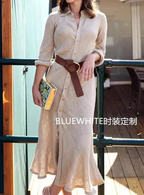 定制 斜裁亚麻衬衫式连衣裙 长款衬衫亚麻裙 度假法式风