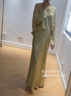 定制  慵懒风真丝斜裁长袖连衣裙 度假 仙气真丝套装裙