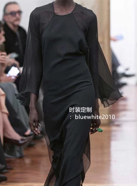 摇曳生姿 桑蚕丝黑色长裙 透视真丝长款拖地黑连衣裙  法式度假