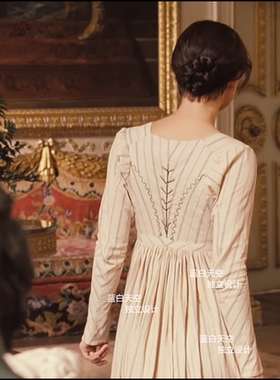 定制 傲慢与偏见庄园风 优雅V领高腰条纹连衣裙  欧洲度假裙子