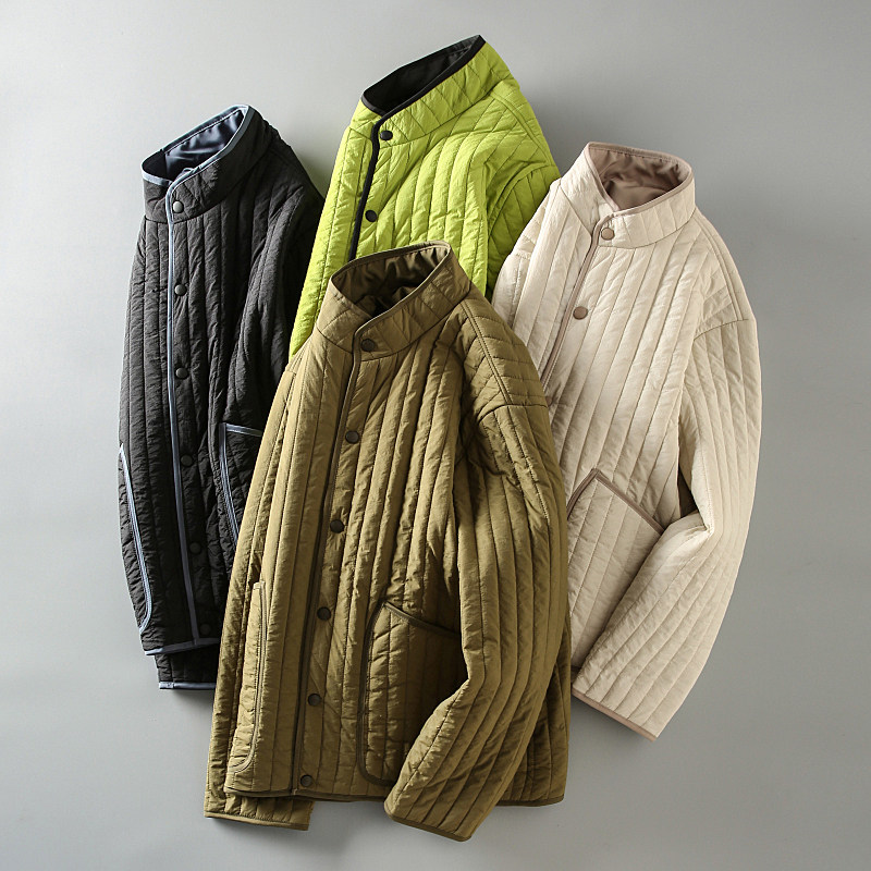 秋冬新款条纹绗缝夹棉轻盈保暖两面穿宽松休闲立领棉衣棉服外套男