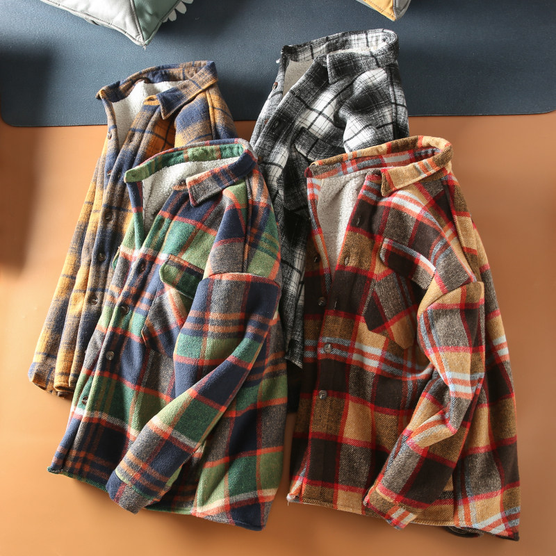 翻领长袖美式休闲加绒加厚衬衫