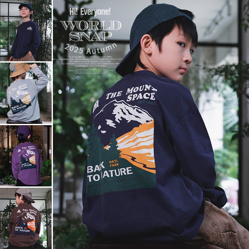 猿宝社儿童纯棉t恤2025秋季款男童户外露营风长袖宽松圆领上衣