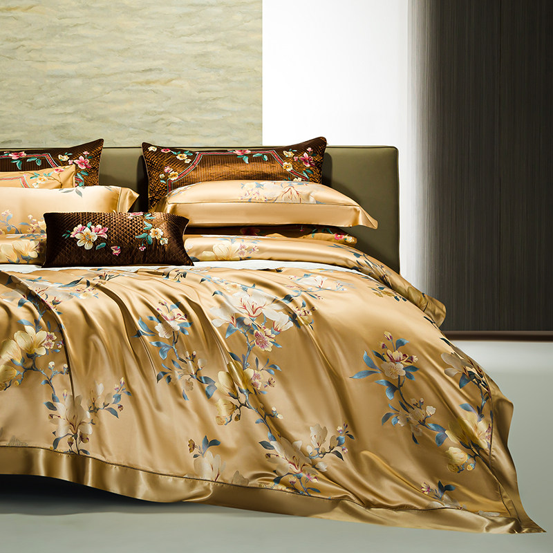 奢华提花真丝四件套100%桑蚕丝丝滑绸缎花卉套件双人被套床上用品