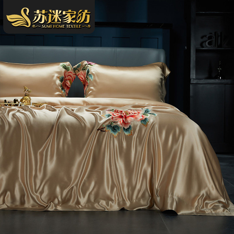 新中式高端重工刺绣35姆米真丝四件套100%桑蚕丝床单丝绸床上用品,床上用品,床品套件/四件套/多件套,淘宝优惠券,粉丝福利购,淘宝优惠卷