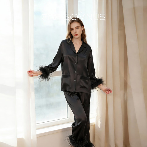 真丝家居服长袖套装100%桑蚕丝