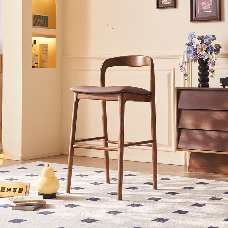 意式白蜡木吧台椅 实木靠背椅子 家用高脚椅 酒吧吧台高端轻奢椅