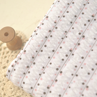 黑色嫩粉圆点泡泡条纯棉布自制夏秋田园小清新上衣连衣长裙子衬衫