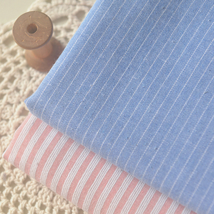 粉白海军蓝竖细条纹棉麻春夏上衣衬衫裙子抱枕头套沙发巾童娃服装