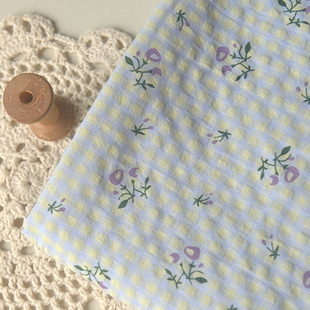 开衫 上衣连衣长裙童服装 手工面料 春夏diy衬衫 黄紫小格紫花簇涤棉