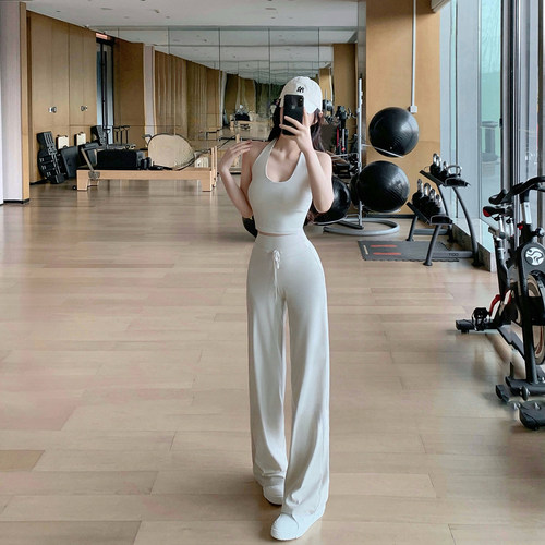 Byu run 宽肩带挂脖美背背心瑜伽套装女系带高腰直筒运动裤两件套