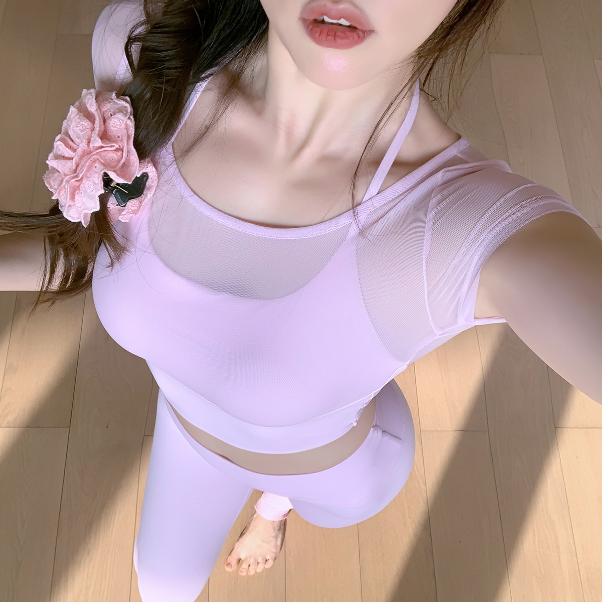 Byurun 新款假两件网纱挂脖美背短袖速干T恤女镂空大露背运动上衣