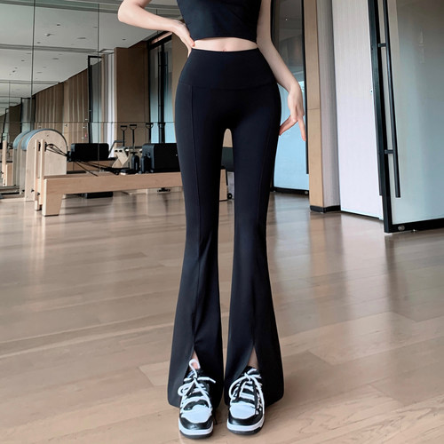 Byu run 新款黑色开叉微喇叭瑜伽裤女蜜桃臀健身裤外穿运动紧身裤