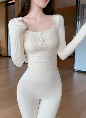 Byu run 新款四扣螺纹白色长袖瑜伽服上衣女短款修身正肩运动T恤