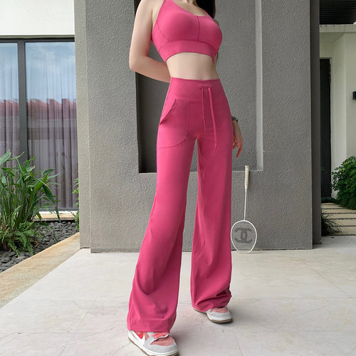 Byu run 新款系绳阔腿运动裤女速干运动健身瑜伽裤高腰直筒休闲裤