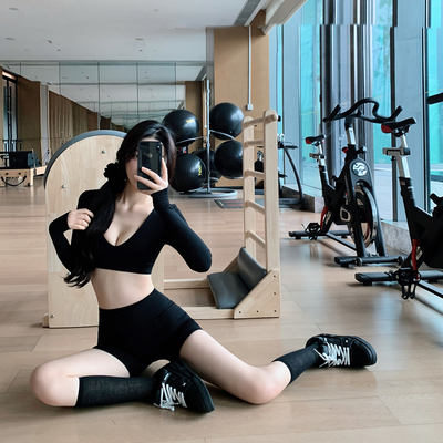 Byurun深V长袖T恤显瘦瑜伽服短上衣普拉提专业运动健身速干训练服